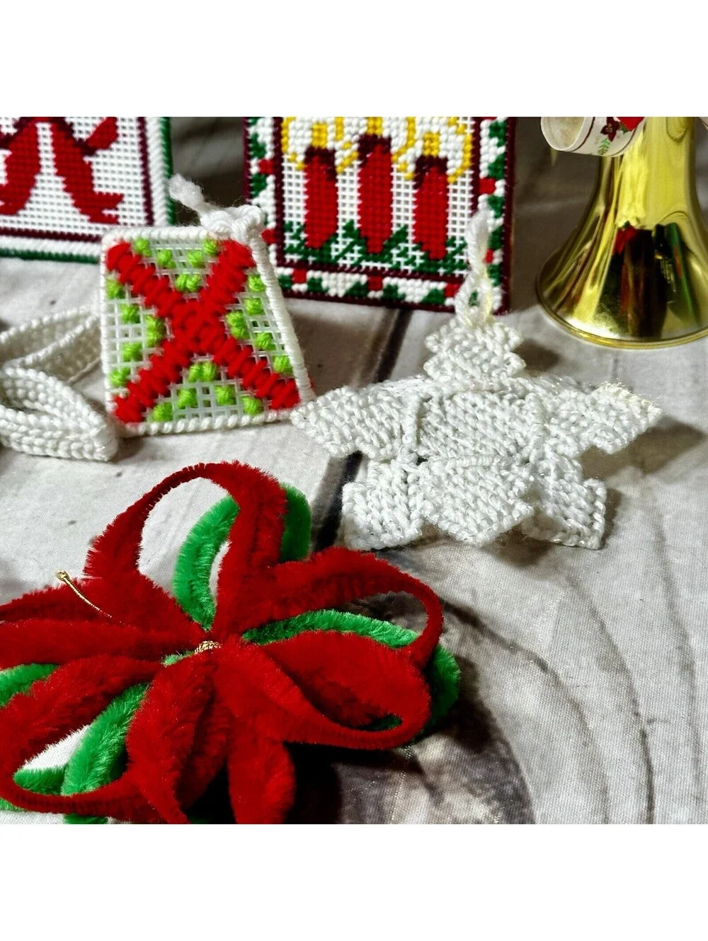 Vintage Lot 21 Plastic Canvas & Crocheted Christmas Ornaments & Poinsettia Decor